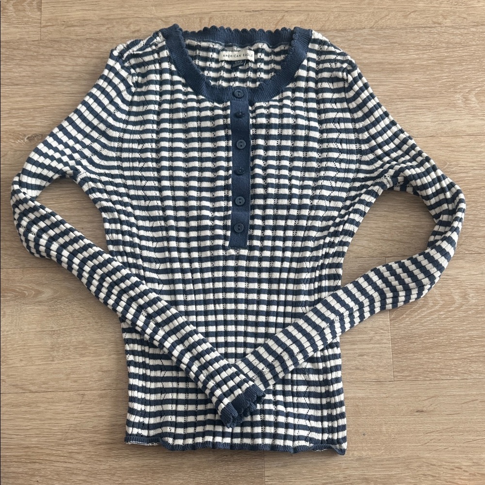American Eagle Striped Navy & White Ribbed Henley Top